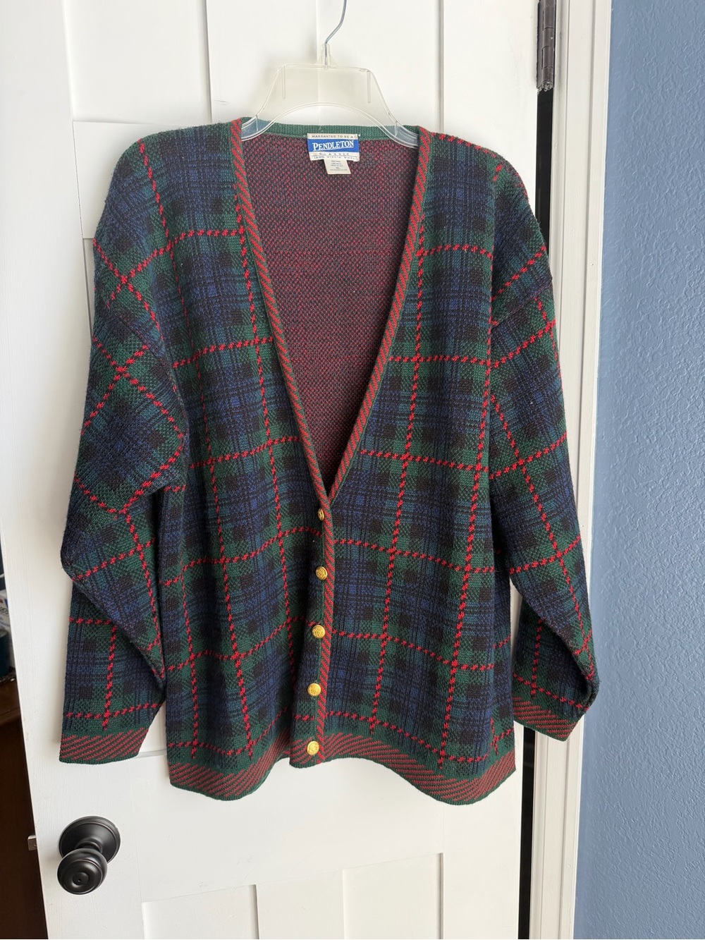 Vintage Pendleton Plaid V-Neck Cardigan in Green, Navy & Red with Gold Buttons